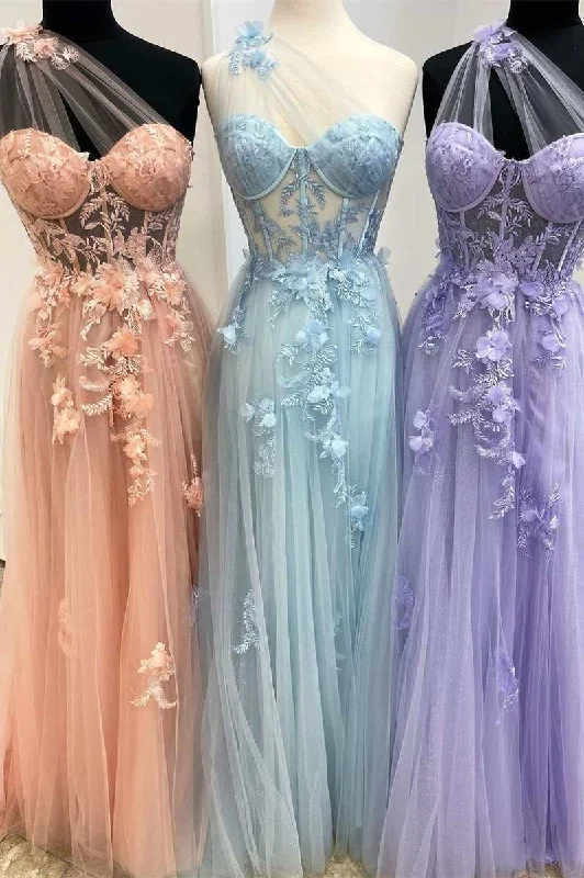 puff sleeve dressFairy-Tale Appliques One-Shoulder A-Line Prom Gown