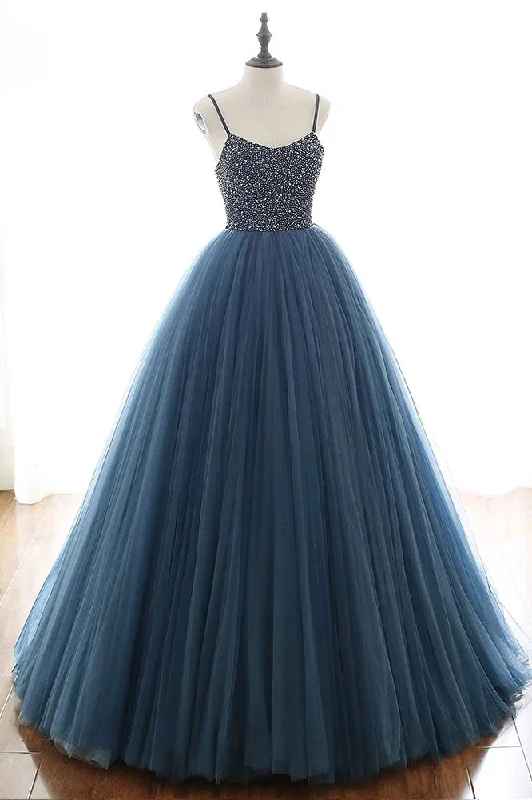 Final Clearance stylish dressNavy Blue Ball Gown - Spaghetti Straps Beaded Bodice