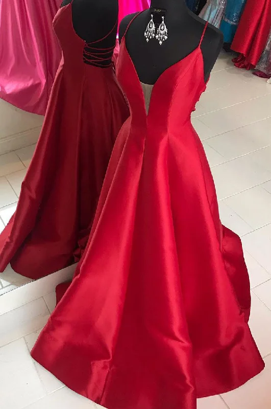 backless dressRed Satin Long Prom Dress with Cross Back