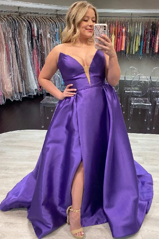 ashionable dressPurple Strapless A-Line prom Dress with Slit