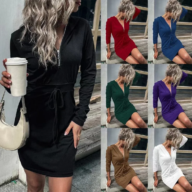 casual knit dressEuropean And American Hooded Sweater Dress Slim-fit Sheath