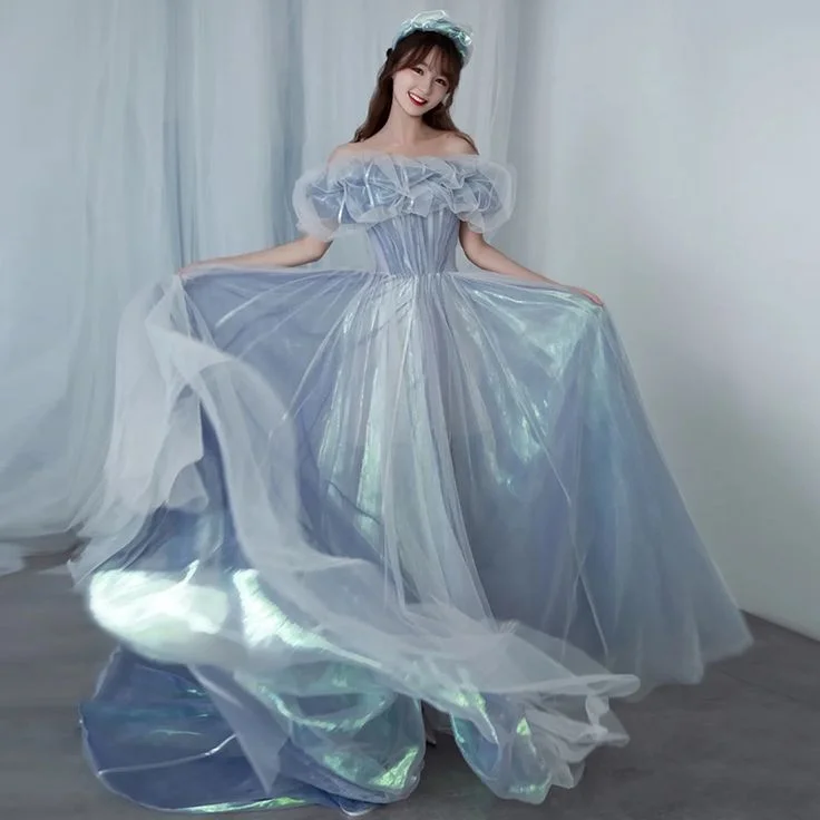 Value Deals boho dressRomantic tulle long A line prom dress blue evening gown Y6572