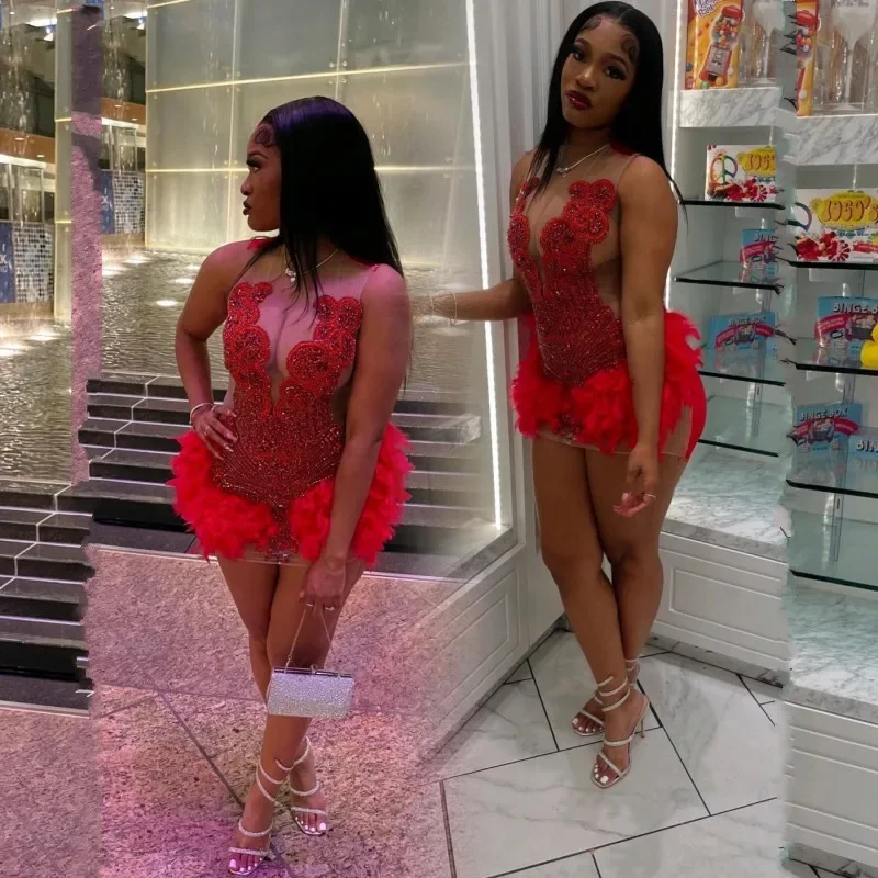 Limited Edition knit dressRed Rhinestone Prom Dresses Sheer Neck Feathers Cocktail Party Gowns 2024 African Women Birthday Outfit Limited Edition knit dressRed Rhinestone Prom Dresses Sheer Neck Feathers Cocktail Party Gowns 2024 African Women Birthday Outfit