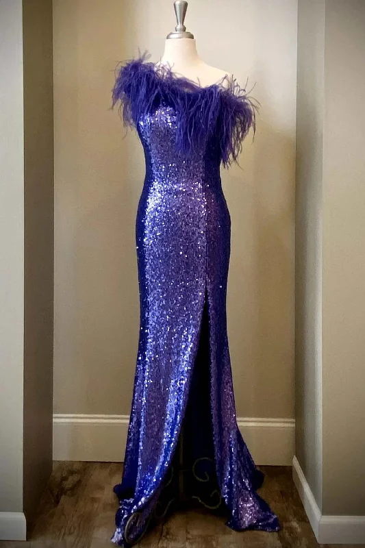 long-sleeve floral dressPurple Sequin Feather One-Shoulder Long Formal Dress with Slit