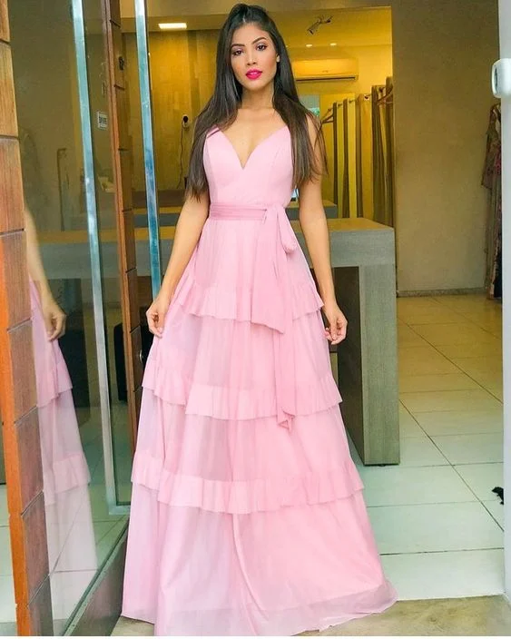 Today Only flowy evening dressSexy Pink V Neck A-line Prom Dress,Pink Bridesmaid Dress Y7047