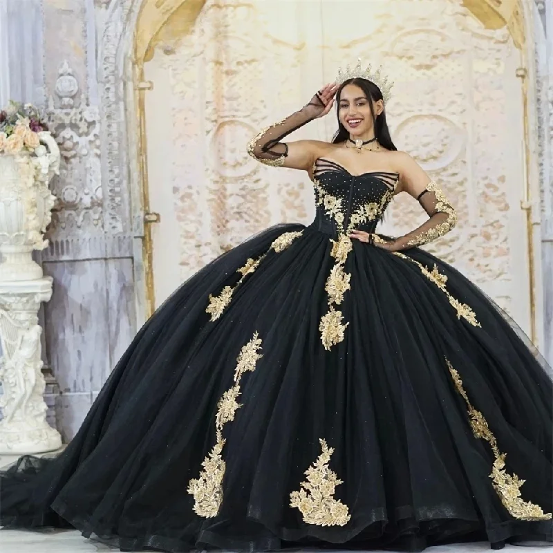 midi dressBlack Charro Quinceanera Dresses Ball Gown V-neck Tulle Appliques Beaded Mexican Sweet 16 Dresses 15 Anos