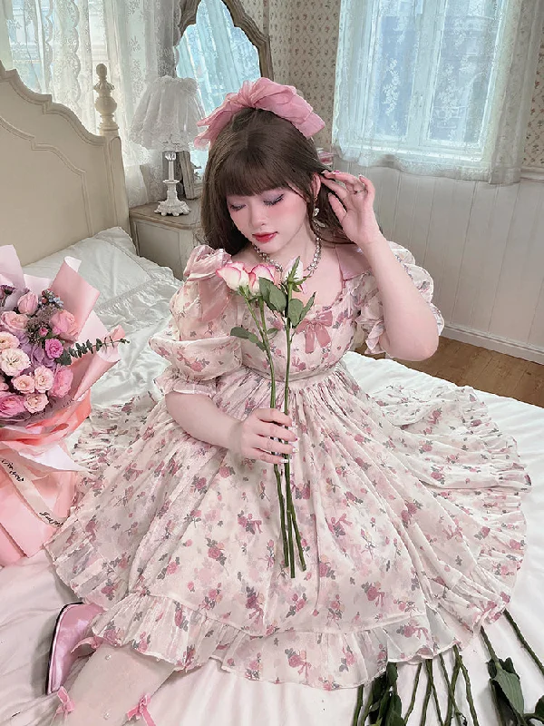 high-waisted dressYingtang~Plus Size Lolita Floral Print Lolita Dress