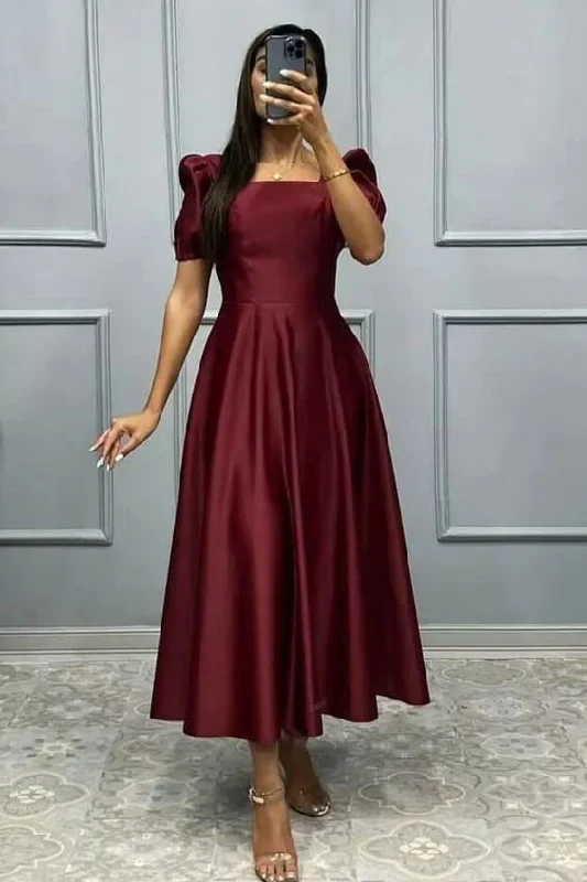 Limited Stock off-the-shoulder dressElegant Square A-Line Prom Dress With Short Sleeves Y7095