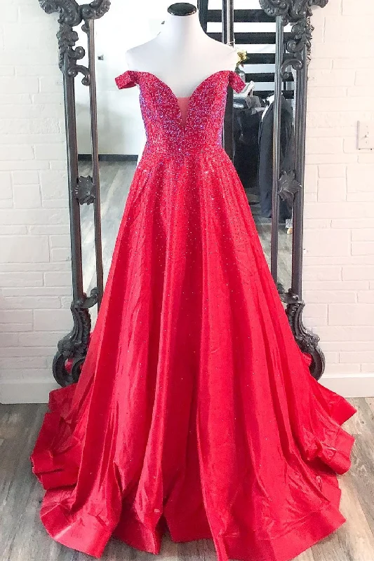 layered dressElegant Off the Shoulder Red Beaded Long Formal Gown