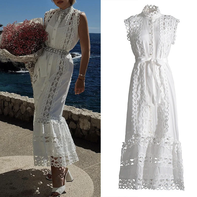 Deal Dash flowy dressRound Neck Sleeveless Hollow Out See-through Design Solid Color Long Dress Women