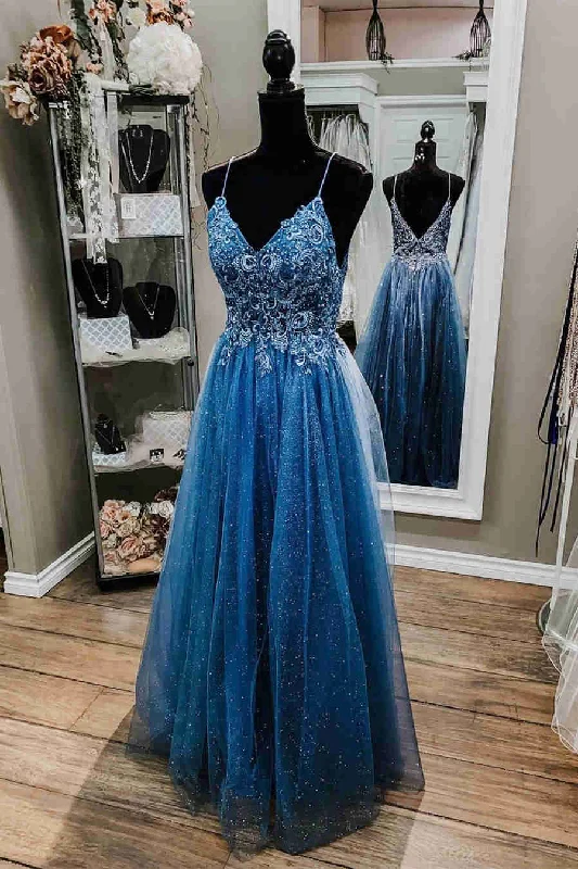 Discount Extravaganza knit dressGlitter Straps Beaded Blue Formal Dress