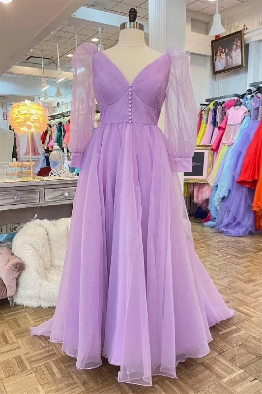 satin dressLavender Tulle V Neck Illusion Neck Pleated Long Prom Dress