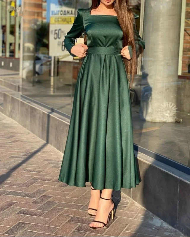 Referral Discount one-shoulder dressSimple Green Square Neckline A-line Prom Dress,Green Evening Dress Y5553