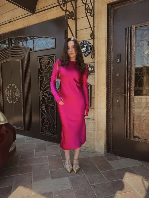 Special Buy flowy maxi dressSimple Hot Pink Long Sleeve Midi-length Prom Dress Y6900