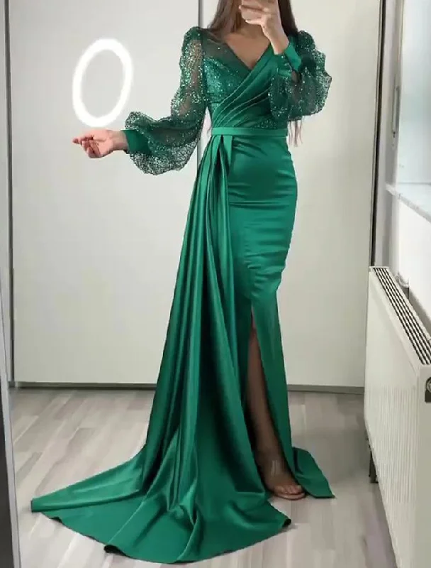 Super Savings chic slip dressDark Green Mermaid V Neck Satin Evening Dress Long Sleeves Y6109 Super Savings chic slip dressDark Green Mermaid V Neck Satin Evening Dress Long Sleeves Y6109