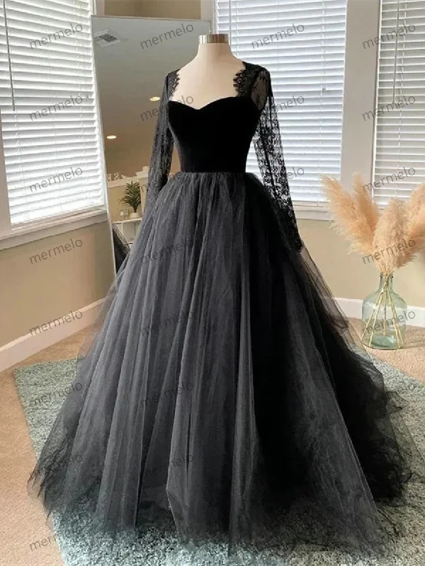 off-the-shoulder dressBlack Tulle and Velvet Long Sleeves Formal Dress, Black Lace Prom Dress