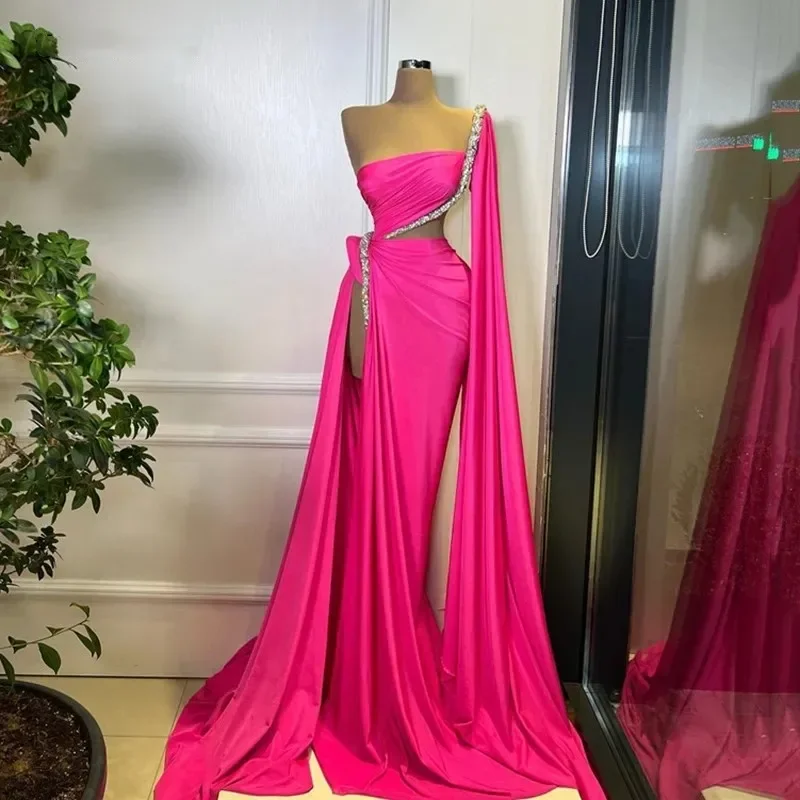 Seasonal Clearance chic shift dressElegant Hot Pink Mermaid One Shoulder Sleeve Evening Dresses Beading Saudi Arabia Prom Party Dresses With Shawl Side For Women