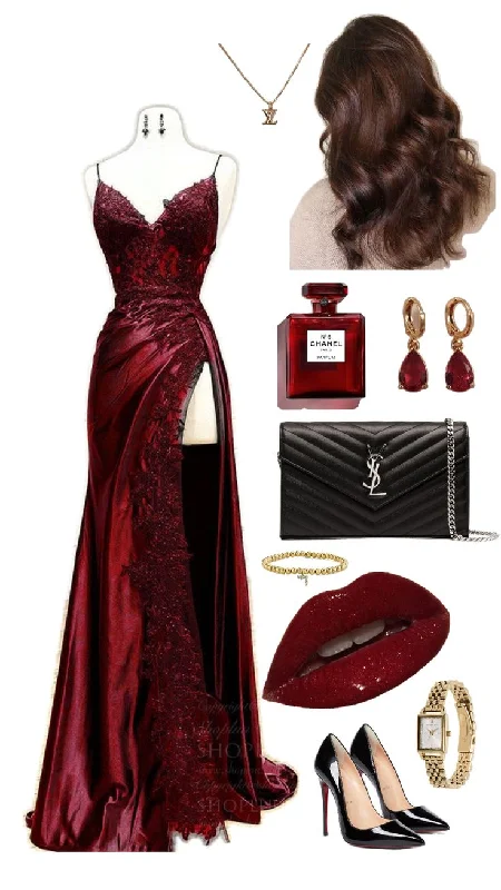 silk dressElegant Burgundy Straps Appliques Mermaid Long Slit Slit Prom Dress  Y7711