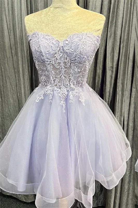 floral midi dressLavender Strapless Appliques Tulle Lace-Up Homecoming Dress