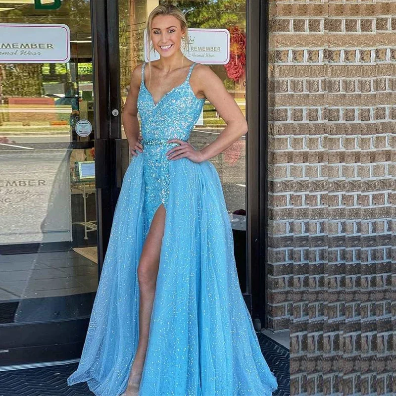 evening dressSparkly Mermaid Homecoming Dresses Side Split Spaghetti Strap Prom Gown with Detachable Train Light Blue Sequins Pageant Wear