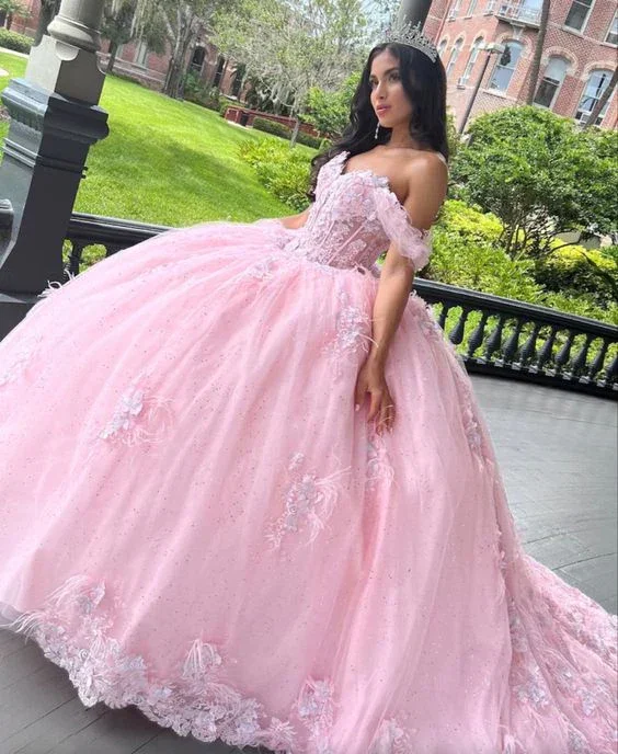 trendy wrap dressPink Tulle Sweet 16 Ball Gown Appliques Prom Dress Quinceanera Dress Y7475