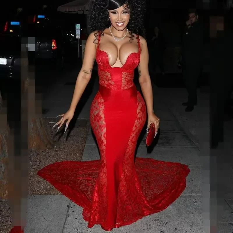 New Deals elegant evening dressSexy Red Prom Dresses For Black Girls 2024 Spaghetti Strap Lace Party Gowns African Women Mermaid Evening Dress Court Train