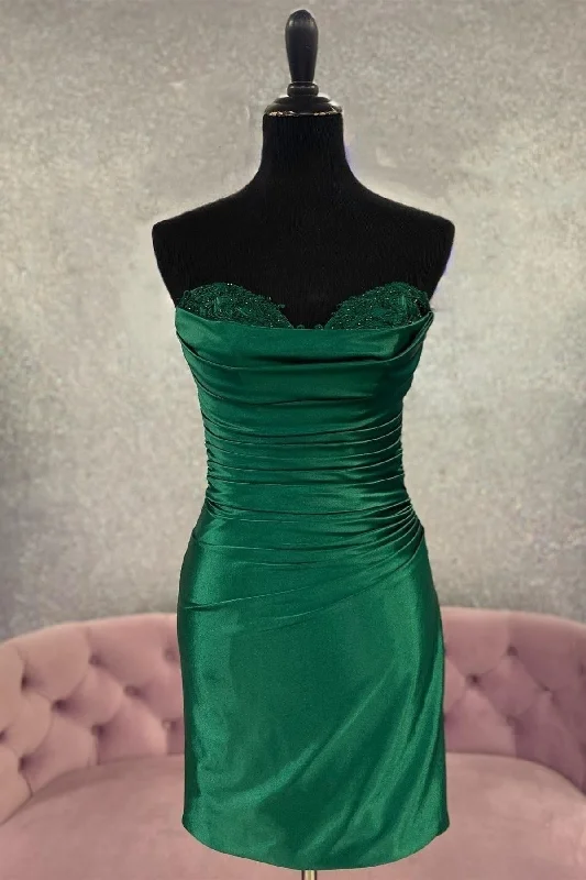 lace-up dressHunter Green Strapless Beaded Pleated Sheath Homecoming Dress