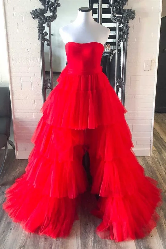 Time-Limited Offer backless dressStrapless High Low Tiered Red Tulle Prom Dress