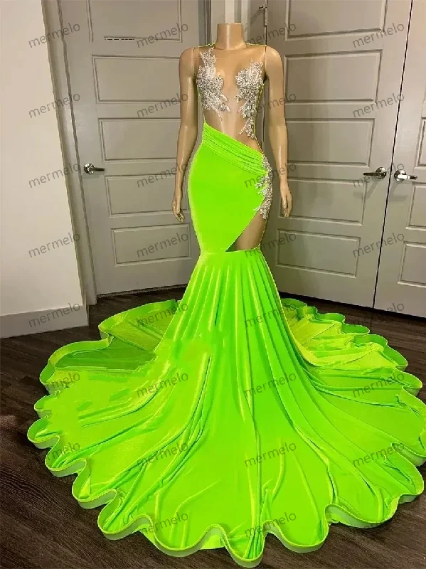 romantic dressGreen Long Prom Dress For Black Girls Mermaid Sheer Beaded Crystals Birthday Party Dresses Women Evening Gown Customized