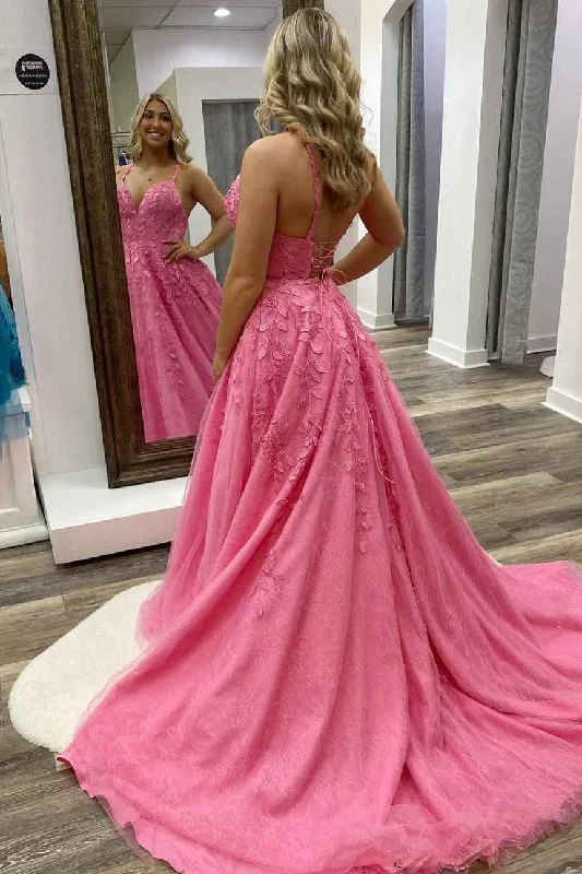 Closeout v-neck dressHot Pink A-line Lace Appliques Prom Dress