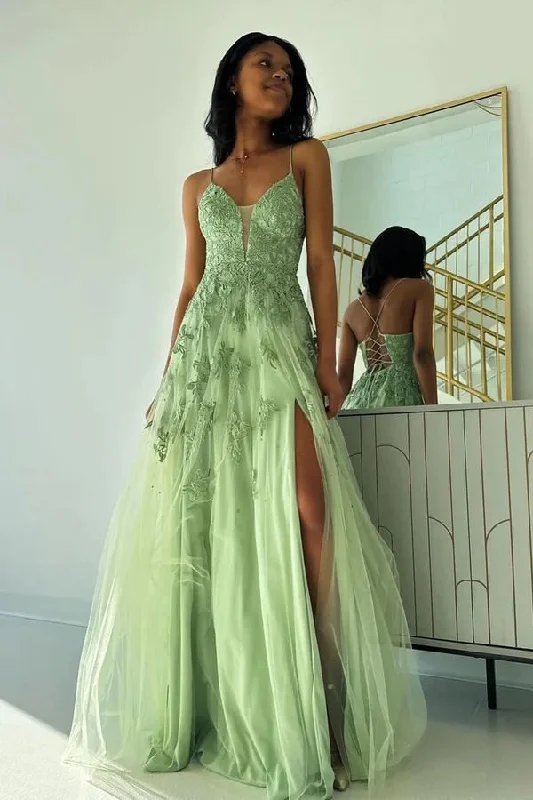 Shop and Save casual slip dressSage Green V Neck Tulle A-Line Long Prom Dresses with Appliques