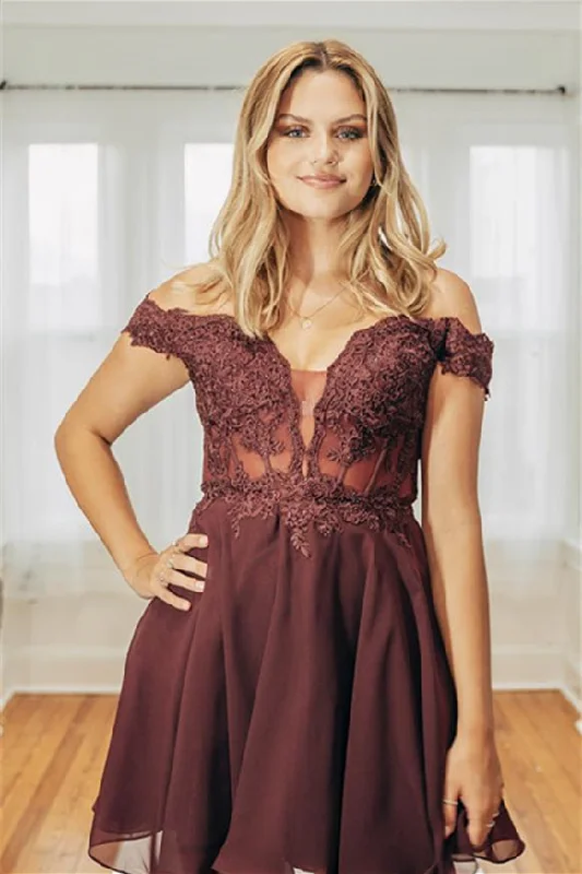 lace-up dressBurgundy Off-the-Shoulder Appliques Deep V Neck Homecoming Dress