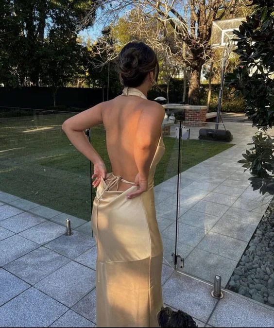 elegant dressChampagne Gold Halter Backless Mermaid Long Prom Dress  Y7427