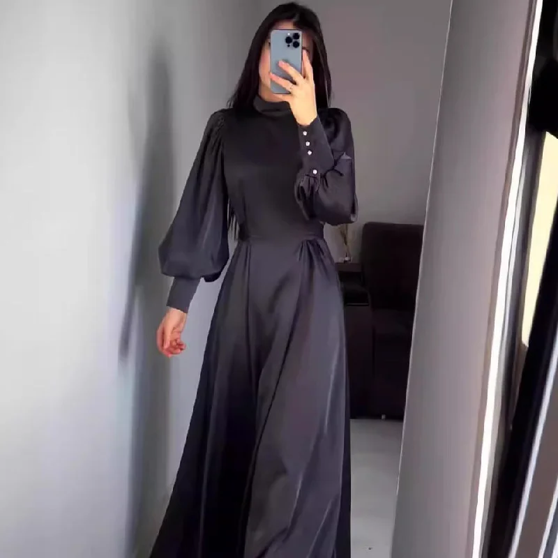 Act Fast satin dressWaist Solid Color Long Sleeve Slim Fit Belt Retro Dress