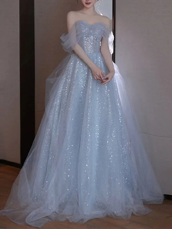 t-shirt dressA-Line Evening Dress Elegant Off Shoulder Tulle Sequins Prom Dress Wedding Dress Y7626