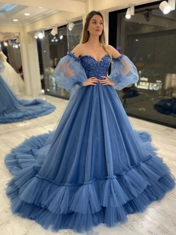 Value Deals casual shift dressSweetheart Neck Tulle Blue Prom Dress, Puff Sleeves Long Blue Formal Evening Dress Y6172