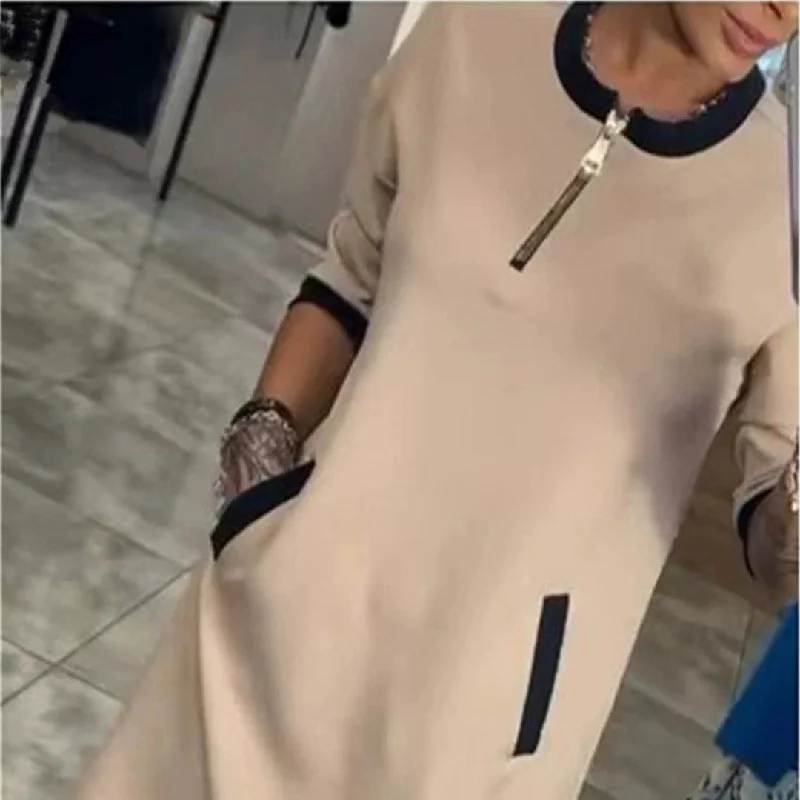 Mega Sale modern dressWomen's Midi Dress Round Neck Zipper Pocket