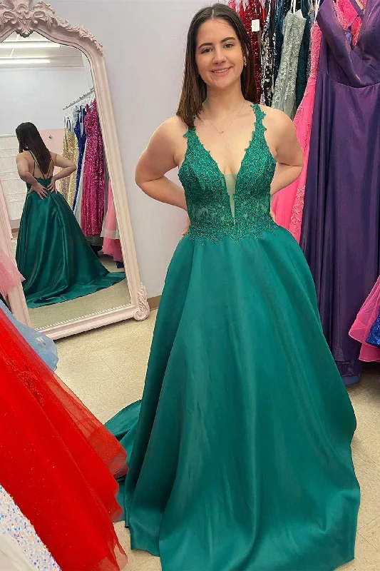 boho dressGreen Lace V-Neck A-Line Long Prom Dress with Pockets