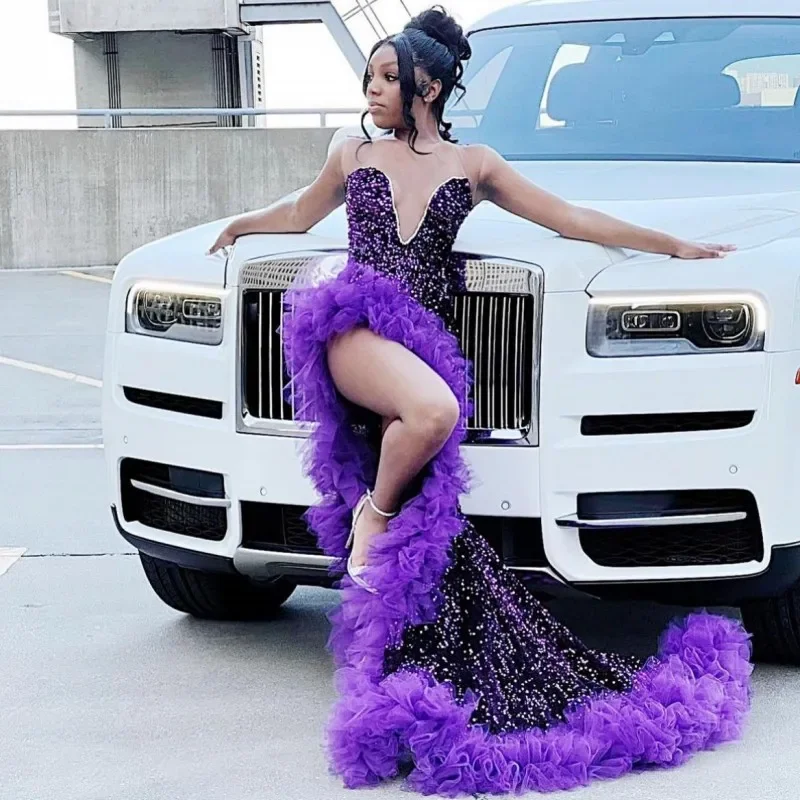 Exclusive Preview sleeveless dressElegant Purple Prom Dresses For Black Girls Sequin Mermaid Party Gown Ruffles Evening Dress African Women