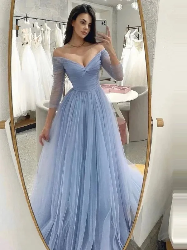 Stock Clearance fitted dressLight Blue Off Shoulder Prom Dresses V-Neck Simple Tulle A-Line Evening Gowns Long Sleeves Bridesmaid Dress for Wedding