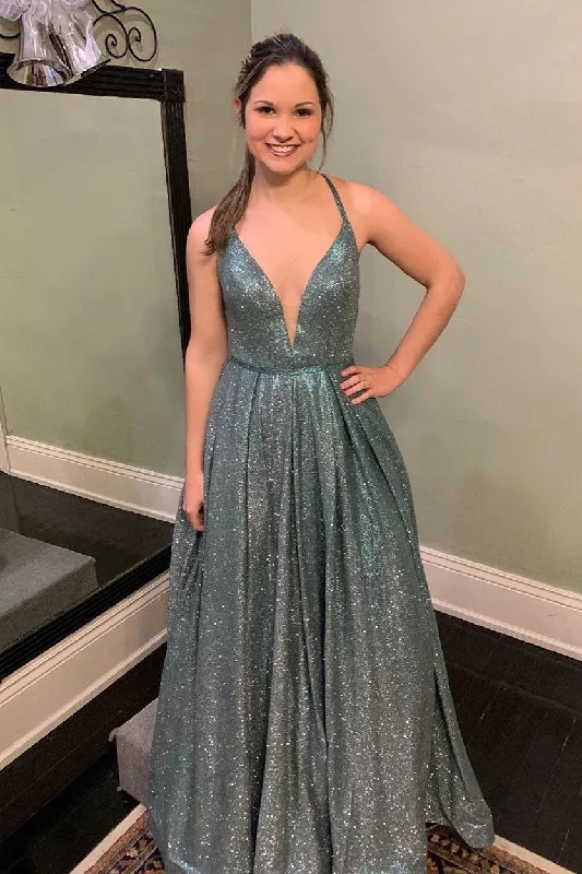 Get It Before It’s Gone lace-up dressSparkly V Neck Straps A-Line Silver Long Prom Dress