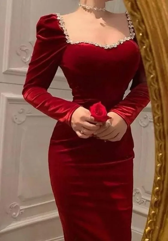 Price Slash sophisticated dressRetro Style Red Velvet Long Sleeves Evening Dress,Red Evening Gown Y5556