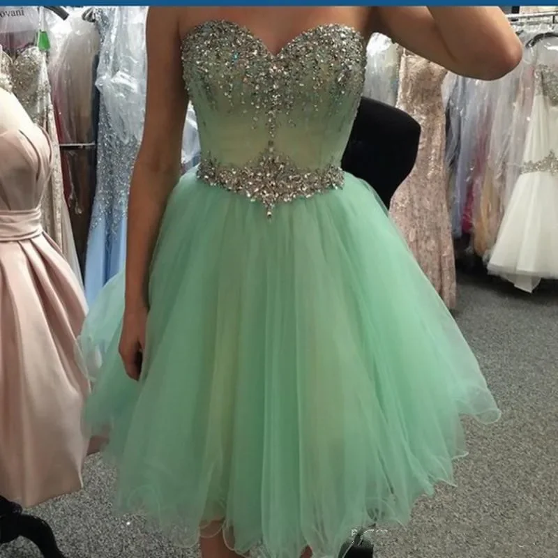 minimalistic dressReal Photos Mint Green Short Prom Homecoming Dresses Beads Crystal Sweetheart Tulle 8th Grade Graduation Party Gown