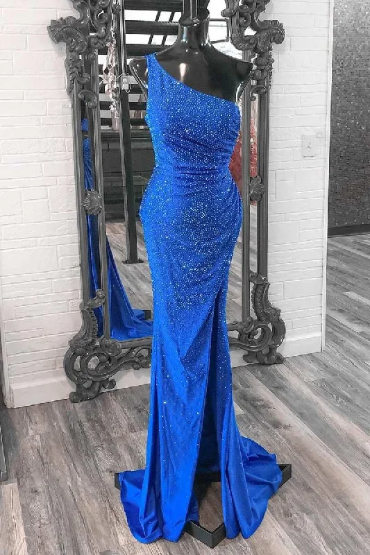 bodycon dressBlue Beaded One-Shoulder Ruched Long Formal Dress with Slit