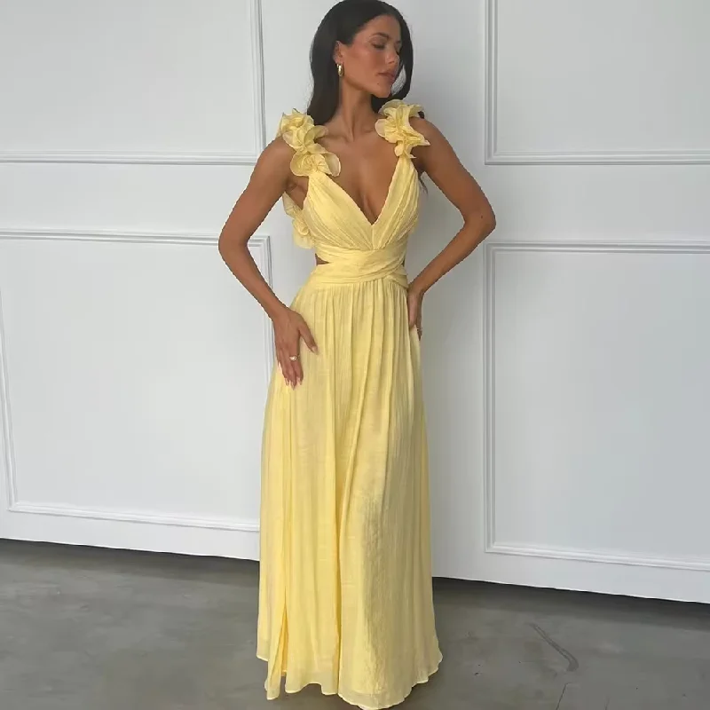 midi dressSummer Yellow Beach Prom Dress Sexy Backless Floor Length Sleeveless Straight Gown V-Neck Custom Luxury Long Evening Gown 2024