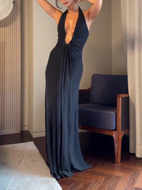 Exclusive Offers casual shift dressDeep V Solid Color Pleated Maxi Dress
