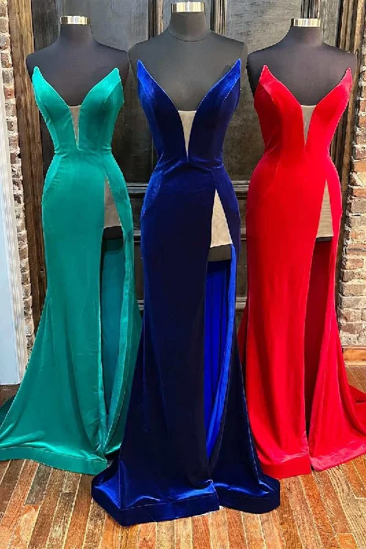 trendy bodycon dressRed Velvet Strapless Mermaid Long Formal Dress with Slit