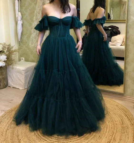 Amazing Deals casual day dressGreen Off The Shoulder Tulle Prom Dress Y6809