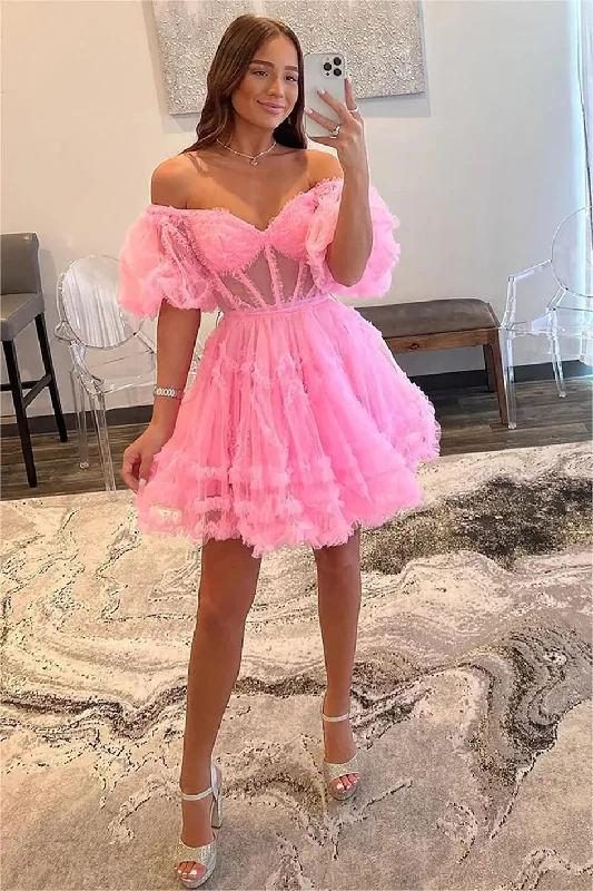 trendy bodycon dressOff Shoulder A-line Sweetheart Mini Tulle Homecoming Dresses Short Puffy Sleeve Prom Dress Tiered Ruffles Cocktail Party Gowns