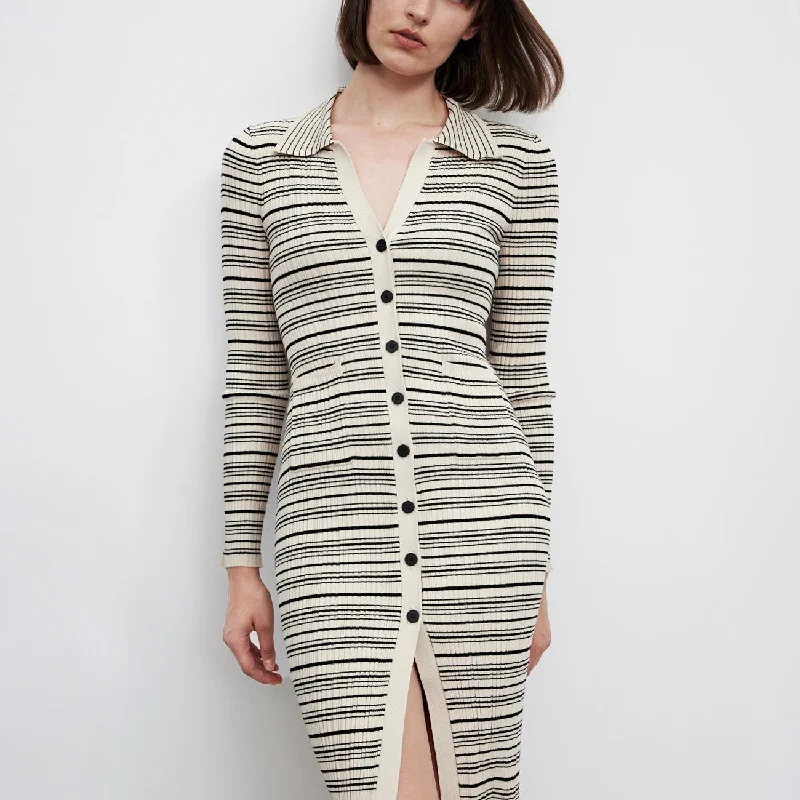 trendy dressFrench Style Skinny Dress with Striped Lapel